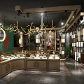 Modern Chinese Jewelry Store Interior With Display Counters Chandeliers Green Accent Wall And Peacock Decoration