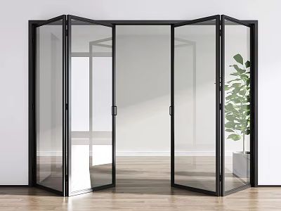 Modern Black Frame Glass Folding Doors in Bright Interior with Green Plant and Wooden Floor 3d model