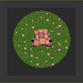 Character and Creature Pixel Style Cube Structure on Green Grass with Pink Flowers