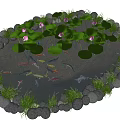 Round Water Fountain With Stone Edging Pink Water Lilies Green Foliage And Swimming Koi Fish