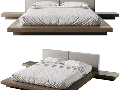 Modern Double Bed With Floating Wooden Frame Gray Headboard White Bedding And Side Tables 3d model