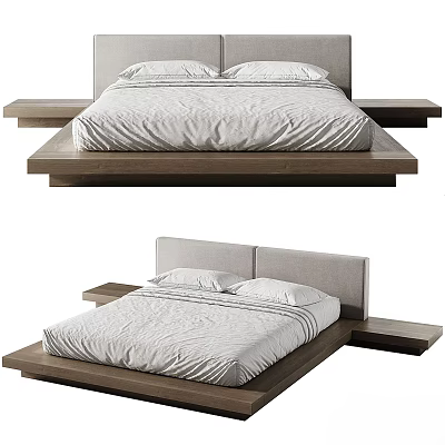 Modern Double Bed With Floating Wooden Frame Gray Headboard White Bedding And Side Tables 3d model