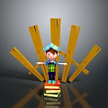 Child Standing On Stacked Books With Wooden Planks Wearing Blue Hat And Colorful Outfit