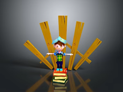 Child Standing On Stacked Books With Wooden Planks Wearing Blue Hat And Colorful Outfit 3d model