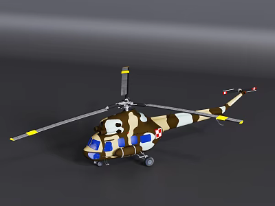 Camouflage Helicopter With Yellow Rotor Tips Blue Windows And Landing Gear 3d model