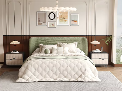 Modern Cozy Background Double Bed Interior With Green Headboard Pillows Nightstands Lamps And Wall Art 3d model