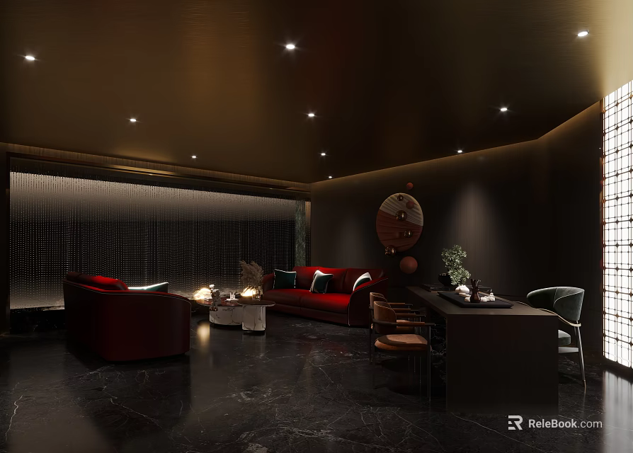 Luxury Modern Lounge Area With Red Sofas Dark Walls Marble Flooring And Ceiling Lights 3d model 