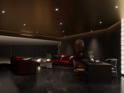 Luxury Modern Lounge Area With Red Sofas Dark Walls Marble Flooring And Ceiling Lights 3d model