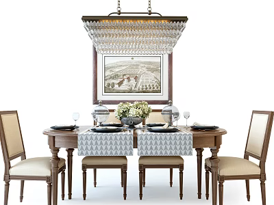 Wooden Dining Table Set with Four Chairs Crystal Chandelier and Wall Decorative Painting 3d model