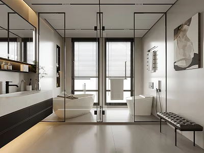 Modern Bathroom Interior Design With Glass Shower Bathtub Double Sink Vanity And Windows 3d model