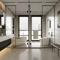 Modern Bathroom Interior Design With Glass Shower Bathtub Double Sink Vanity And Windows