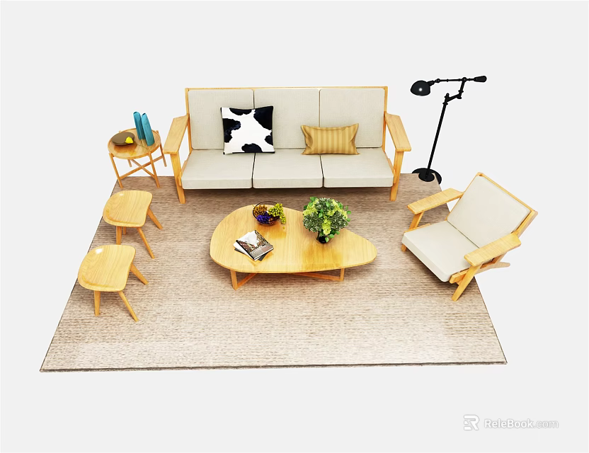 Modern Light Wooden Sofa Coffee Table Combination with Pillows Plants Floor Lamp Side Table Stools 3d model