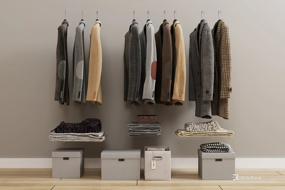 Stylish Clothes Hanging On Hangers With Folded Layers And Storage Boxes 3d model 