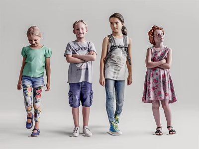 Group of children standing in different casual outfits on white background 3d model