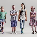 Group of children standing in different casual outfits on white background