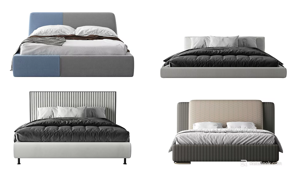 Modern Double Bed Collection Featuring Gray Blue Beige Headboards Striped Patterns And White Black Sheets 3d model
