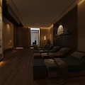 SPA Sauna Interior with Comfortable Loungers Wooden Paneling Soft Lighting and Decorative Art
