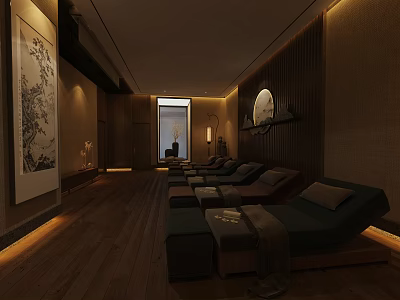 SPA Sauna Interior with Comfortable Loungers Wooden Paneling Soft Lighting and Decorative Art 3d model