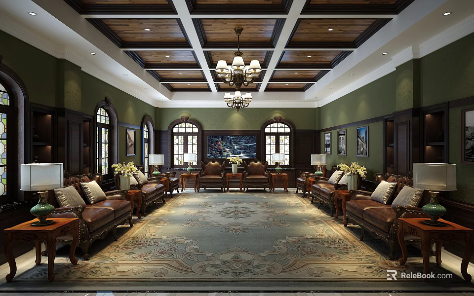 Classic Hotel Public Lounge Area With Green Walls Dark Wooden Ceiling Chandelier And Arched Windows 3d model 
