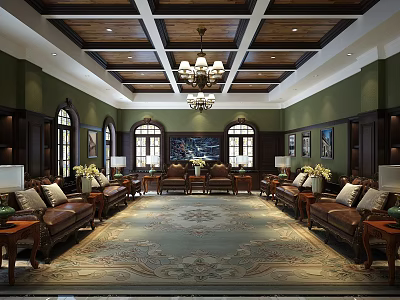 Classic Hotel Public Lounge Area With Green Walls Dark Wooden Ceiling Chandelier And Arched Windows 3d model