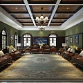 Classic Hotel Public Lounge Area With Green Walls Dark Wooden Ceiling Chandelier And Arched Windows