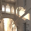 Historic Commercial Street With Arched Architecture Stone Balconies And Sunlit Brick Walkway