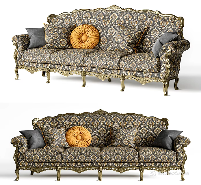 Classic Multi Person Sofa With Gold Carved Details Patterned Fabric Gray And Orange Throw Pillows 3d model 