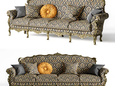 Classic Multi Person Sofa With Gold Carved Details Patterned Fabric Gray And Orange Throw Pillows 3d model