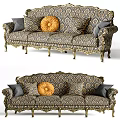 Classic Multi Person Sofa With Gold Carved Details Patterned Fabric Gray And Orange Throw Pillows