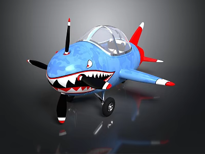Blue Space Aircraft Model Featuring Shark Mouth Design Transparent Cockpit Propeller Red White Tail Wheels 3d model