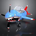 Blue Space Aircraft Model Featuring Shark Mouth Design Transparent Cockpit Propeller Red White Tail Wheels