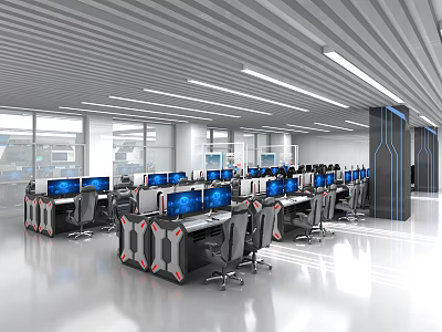 Modern Monitoring Room With Workstations Ergonomic Chairs And Ceiling Lights 3d model