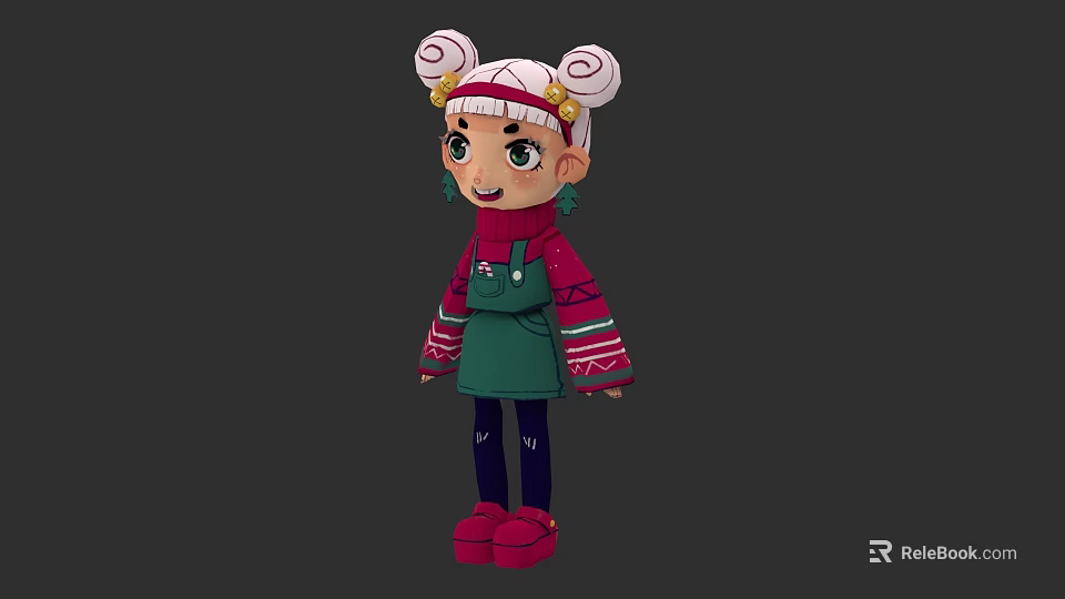 Animated Girl With Double Bun Hair Gold Accessories Red Turtleneck Green Overalls Colorful Striped Cuffs 3d model 