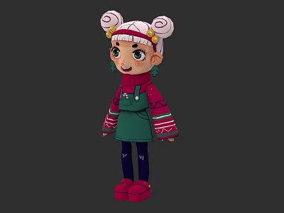 Animated Girl With Double Bun Hair Gold Accessories Red Turtleneck Green Overalls Colorful Striped Cuffs 3d model