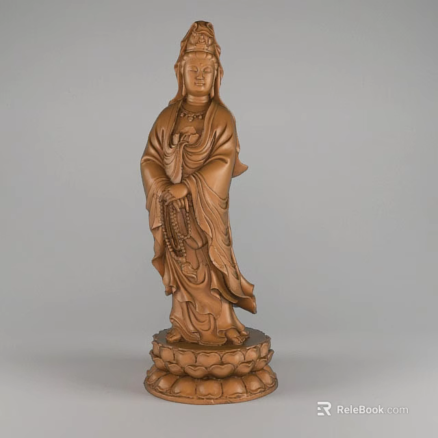 Exquisite Wooden Guanyin Bodhisattva Sculpture With Flowing Robe And Lotus Base 3d model 
