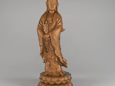 Exquisite Wooden Guanyin Bodhisattva Sculpture With Flowing Robe And Lotus Base 3d model