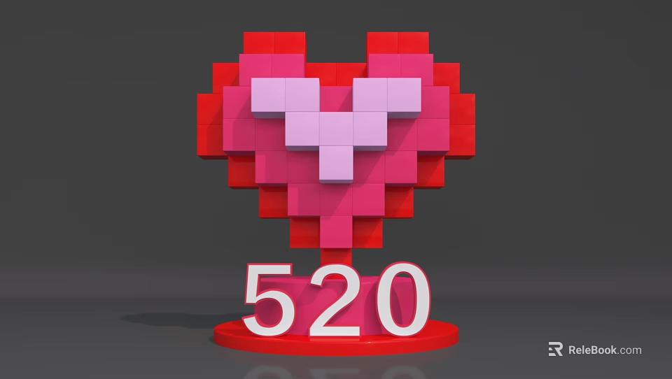 Pixel Art Heart Shape Decorative Design With Red Pink Colors And Number 520 3d model 