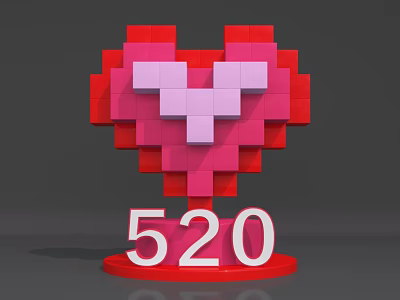 Pixel Art Heart Shape Decorative Design With Red Pink Colors And Number 520 3d model