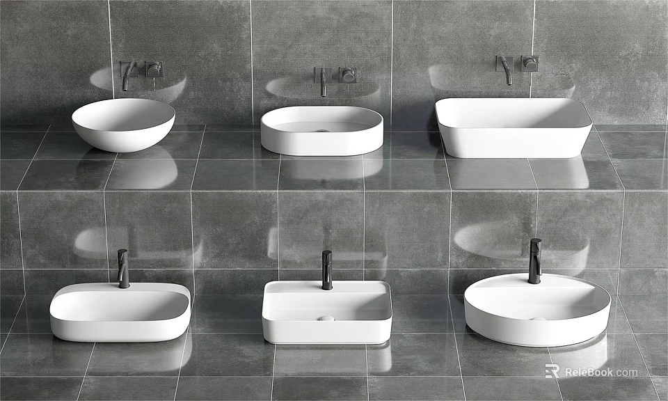 Various Shapes Of White Washbasins On Gray Tiled Bathroom Wall Design 3d model 