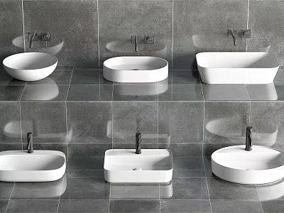 Various Shapes Of White Washbasins On Gray Tiled Bathroom Wall Design 3d model