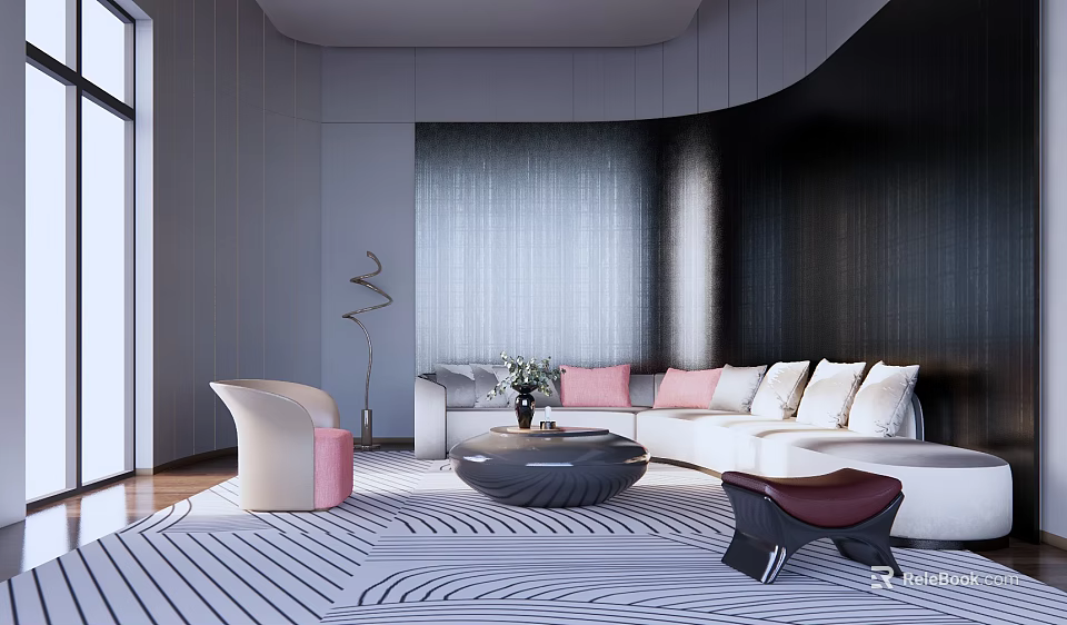Modern Sofa Coffee Table Set With White L shaped Sofa Pink Pillows And Black Round Table 3d model