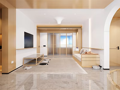 Bright Natural Wood Tone Living Room Interior With Soft Sofa And Large Wall Mounted TV 3d model