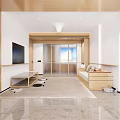 Bright Natural Wood Tone Living Room Interior With Soft Sofa And Large Wall Mounted TV