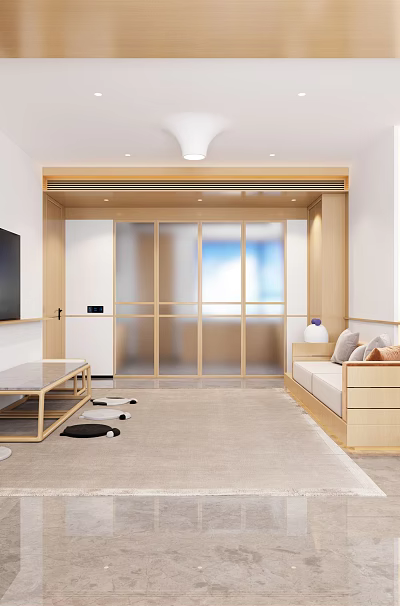 Bright Natural Wood Tone Living Room Interior With Soft Sofa And Large Wall Mounted TV 3d model