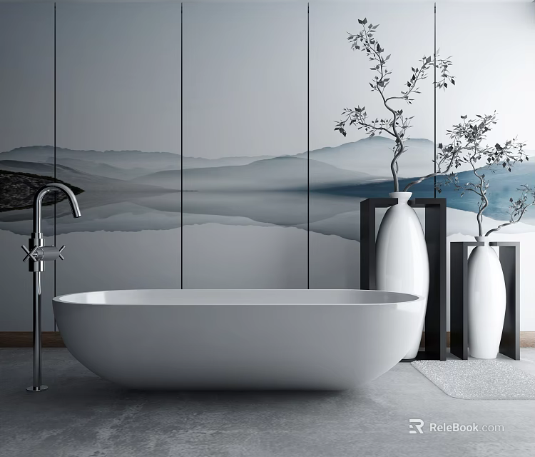 Freestanding White Bathtub In Bathroom With Mountain Landscape Tiles And White Vases With Branches 3d model 