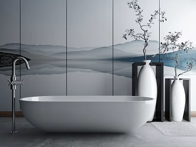 Freestanding White Bathtub In Bathroom With Mountain Landscape Tiles And White Vases With Branches 3d model