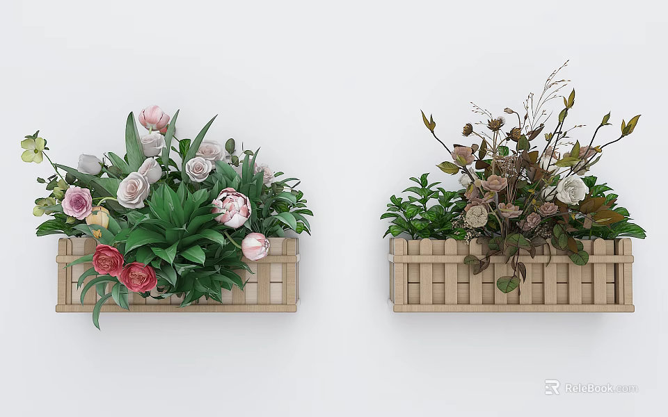 Wall Mounted Wooden Garden Planters With Various Flowers And Green Plants 3d model 