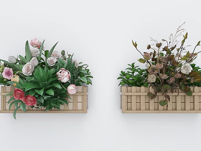 Wall Mounted Wooden Garden Planters With Various Flowers And Green Plants 3d model