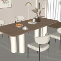 Modern Beige Dining Table Set With White Chairs Fruit Bowl Coffee Cup And Floor Lamp