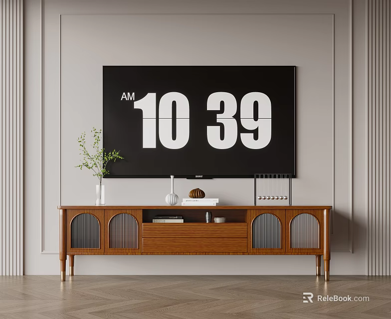 Wooden TV Stand With Cabinet Doors And Drawers Holding Flat Screen TV Plant And Vase 3d model 
